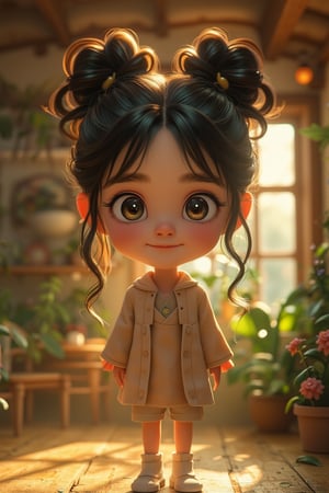 Full body shot of a cute, cheeky Ghibli-style girl with wavy ponytail hair, smiling with long eyelashes. She stands in a cozy, animated house interior with warm, diffused light. The composition is lively, capturing her playful expression and detailed features, set against a charming, whimsical background.