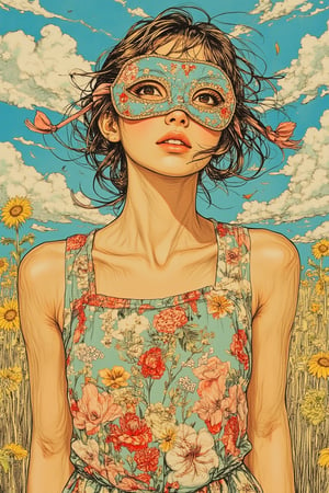 A vibrant scene in Yuko Shimizu's art style, featuring a pretty girl wearing a mask on a bright day. The framing captures her from the waist up, with her expressive eyes and the colorful mask prominently displayed. The lighting is bright and cheerful, reflecting the sunny day and her lively presence. The composition is centered on her, with her relaxed pose and the vibrant background creating a sense of optimism and beauty. The location is an open, sunny setting, with the girl's mask and radiant expression adding to the lively atmosphere.