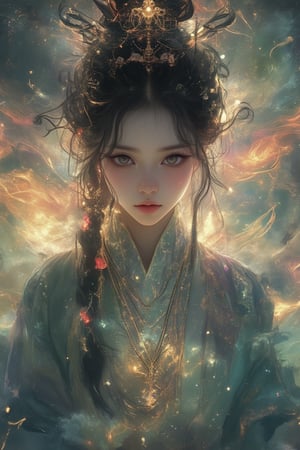 Close-up of a mysterious girl in a vintage anime style, large expressive eyes, intricate fantasy costume with flowing robes, soft pastel colors, gentle lighting, ethereal background with swirling mists, subtle magical aura, dramatic composition, captivating and enigmatic expression, reminiscent of classic fantasy anime art.,Lighting Effect,NijiMax