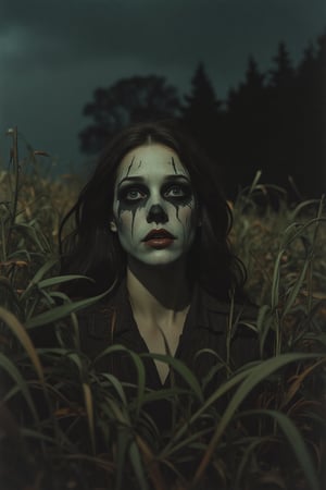 Photo-realistic 60's style of a gloomy scene featuring a woman wearing Halloween makeup on her face, dimly lit with shadows cast by a single light source. The woman stands in a field of tall, twisted grass and thick underbrush. Close-up shot, low-key lighting, emphasizing the eerie atmosphere. The woman's face is partially obscured by shadows, its eyes wide and unsettling. The scene is filled with dark, foreboding elements, adding to the chilling mood.