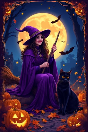 A vibrant Halloween playing card featuring a witch and black cat. The witch, dressed in a flowing purple cloak with a pointed hat, holds a broomstick and smiles with a mischievous grin. The black cat sits beside her, eyes glowing with a playful expression. The background is a spooky night sky with a full moon, bats flying, and autumn leaves scattered. The card is framed with a border of jack-o'-lanterns and cobwebs. Warm, eerie lighting highlights the scene, creating a festive yet mysterious atmosphere.