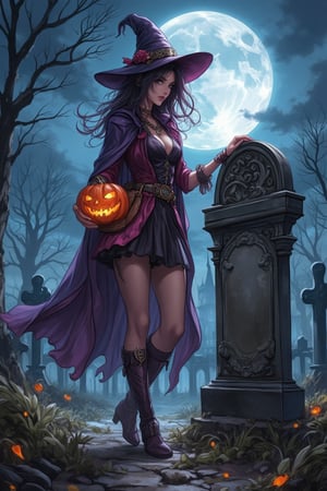 vibrant Konami art style illustration of a young woman standing next to a weathered tombstone on Halloween night. She wears a whimsical witch's costume with a flowing cape and pointed hat, holding a glowing jack-o'-lantern. The scene is set in a misty graveyard, with the full moon casting an eerie glow on the surrounding headstones. The woman stands with one hand on the tombstone, looking slightly mischievous. Soft, ethereal lighting highlights her costume and the spooky atmosphere. The composition is dynamic, with the woman slightly off-center, capturing the magic and mystery of Halloween.