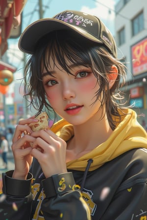 Hyper-realistic anime character, close-up face, wearing a black and yellow hoodie, cap with TENSOR ART written, holding a food item, soft lighting, centered composition, detailed facial features, warm skin tones, gentle smile, slight blush, serene expression, urban background, pastel color palette, slight breeze in hair, calm atmosphere.