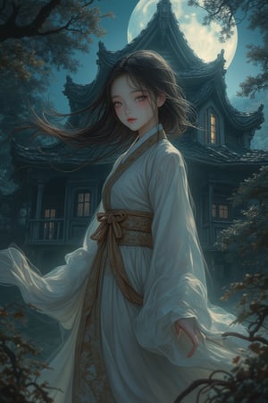 Kawacy Attire Anime Art, a girl in a traditional Chinese hanfu standing in front of a haunted house. The hanfu is intricately detailed, with flowing fabric and delicate patterns. The girl's expression is serene, with soft, glowing skin and gentle eyes. The haunted house is ancient and eerie, with soft, dappled moonlight filtering through the trees. The lighting is soft and diffused, highlighting the girl's graceful beauty. The composition is balanced, with the girl centered and the haunted house framing her elegantly.