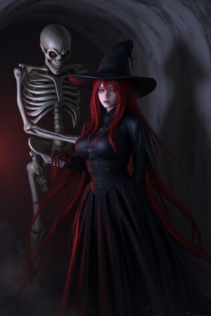 Rias Gremory from High School DxD dressed in a mysterious, dark outfit, standing next to a skeletal figure, both in a dimly lit haunted house, dramatic lighting casting eerie shadows, her eyes glowing with a determined look, detailed textures of the skeletal figure and haunted environment, dynamic composition, capturing her enigmatic and powerful presence.