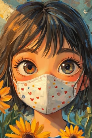 A Tove Jansson-inspired illustration, close-up of a girl's face wearing a cute mask. The soft, warm light highlights her playful eyes and the whimsical design of the mask. The composition is intimate, focusing on her expressive face, with the mask adding a touch of charm and mystery. The overall tone is whimsical and endearing, capturing a moment of youthful curiosity.