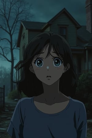 vibrant Moe anime scene of a beautiful woman with large, glossy eyes, standing in front of a creepy haunted house at night. The house is old and decrepit, with eerie shadows and ghostly apparitions. The scene is framed mid-shot, capturing her fearful expression and the soft, eerie lighting that highlights the spooky atmosphere. The background is a dark, foreboding house with flickering lights and ominous sounds, creating a tense and suspenseful environment. Her presence adds to the creepy and unsettling composition.