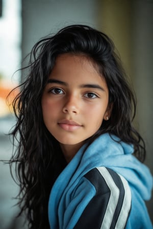 A Midjourney Raw Image Style, portrait of a cute Colombian girl in her mid-20s, with dark, long, messy hair and detailed eyes, wearing sportswear. The scene is captured in plain light with a disposable camera, creating a raw and authentic feel. The composition focuses on the girl's expressive eyes and natural beauty, with the sportswear adding a casual and youthful vibe. The background is slightly blurred, emphasizing the subject's charm and personality.