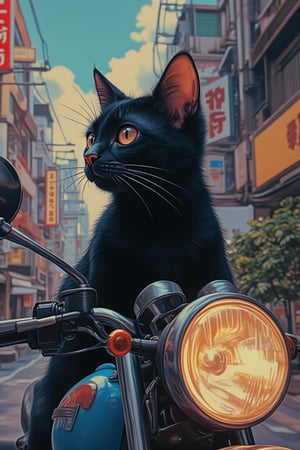 A dynamic and whimsical scene blending Akira and Hirō styles, featuring a black cat perched on a motorbike. The composition captures the cat's curious expression, with detailed facial features and sharp lines defining its form. The lighting is vibrant and energetic, highlighting the motorbike and the cat's playful stance. The background showcases a lively environment, with the cat on the motorbike, creating an imaginative and engaging scene.