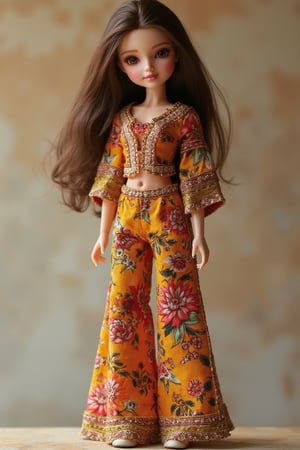 A cute doll in a full body shot, wearing a stylish blouse paired with elegant palazzo pants. The doll stands gracefully, showcasing her outfit's vibrant colors and intricate patterns. Soft, warm lighting highlights her playful expression and fashionable attire. The composition centers on the doll, with a slight tilt to add a dynamic feel. The background is a subtle, muted pattern to keep the focus on the doll's charm.