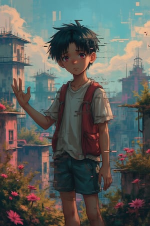 A Hayao Miyazaki-inspired boy with glitch art effects distorting his appearance, standing in a whimsical, fantastical landscape. The scene is framed with a wide-angle shot, capturing the magical scenery and the boy's expressive face. The lighting is a soft, warm glow, casting a surreal light on his features. His pose is curious, with one hand reaching out towards the enchanted environment, surrounded by digital artifacts and pixelated distortions.