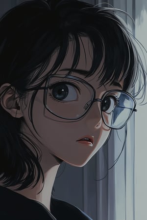 A close-up shot of a woman with a dull expression and glasses, blending Akira and Hirō styles. The composition focuses on her detailed facial features and sharp lines, with the glasses adding a distinct element. The lighting is subdued, casting soft shadows that emphasize her lackluster expression. The background is minimalistic, allowing her face to be the central focus.