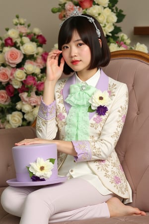 A very beautiful and elegant Japanese girl from Nogizaka46 sits cross-legged on a rococo couch, holding a top hat adorned with a mint green and purple flower corsage. The background is filled with beautiful flowers. She wears a white and light purple gorgeous embroidered frilly tie and a matching embroidered suit jacket with pants style, featuring a flower corsage on her collar. The scene is set in a shooting studio with an oblique composition, capturing her cool beauty face. --ar 4:5 --quality 2 --style raw --stylize 250 --v 6.1