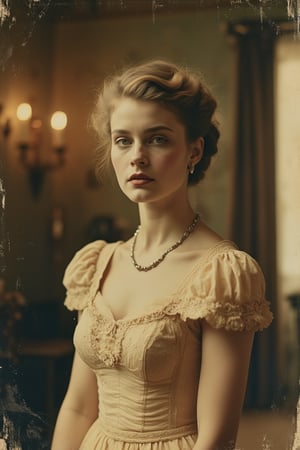 A faded old photo with a 1940s vibe, featuring a woman in a Victorian-style dress, blonde hair elegantly styled. The shot is framed in a mid-close-up, capturing her poised and graceful demeanor, with soft, warm lighting enhancing the vintage atmosphere. The composition highlights the intricate details of her dress and the gentle curve of her silhouette, creating a nostalgic and elegant scene. The photo's edges are slightly worn, adding to the antique charm.