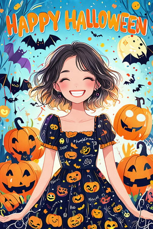 HAPPY HALLOWEEN text and 🎃 emoji installation in doodle art style, featuring a happy girl in a Halloween pattern dress. The scene is vibrant with playful, bright lighting. The composition centers on the girl's joyful expression and festive attire, set against a whimsical, hand-drawn background. The overall atmosphere is lively and engaging, perfect for a text and emoji installation.