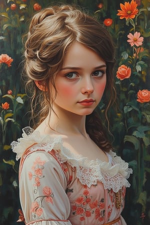 An acrylic gouache painting of a Victorian-era girl, depicted in vibrant, textured brushstrokes. The girl is dressed in a classic Victorian gown, with intricate lace and ruffles. The scene is set in a quaint, old-fashioned garden, with soft, diffused lighting that highlights her delicate features and the detailed embroidery of her dress. The girl is framed mid-shot, her expression serene and contemplative. The composition is balanced, with the garden background gently blurred, drawing focus to her timeless elegance and the rich, textured surface of the painting.