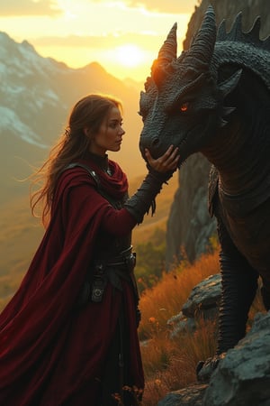 A brave woman stands calmly, gently petting a fierce dragon, her hand resting on its scaly neck. The dragon's eyes are soft, despite its intimidating appearance, and its wings are partially spread, casting dramatic shadows. The scene is set in a rugged, mountainous landscape, with the sun setting in the background, casting a warm, golden light. The composition captures the unexpected bond between the woman and the dragon, framed by the majestic, awe-inspiring surroundings.