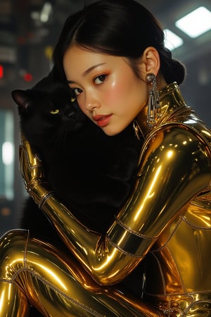 A woman in a gold and black jacket, rendered in Hajime Sorayama's hyper-realistic style, hugs a black cat. The jacket is sleek and form-fitting, with intricate patterns and cybernetic enhancements visible on her limbs. Her expression is serene, with a subtle, inviting smile. The lighting is dramatic, casting sharp shadows and highlighting the smooth, metallic sheen of the jacket. The composition frames her from mid-torso to above her head, capturing her pose and the detailed textures of the cat's fur. The background is a high-contrast, neon-lit environment, reminiscent of Sorayama's iconic sci-fi aesthetic.