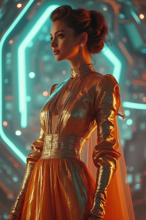 A retro-futuristic portrait of a woman in a long, flowing dress with metallic fabrics and digital patterns, adorned with neon accents. The dress has a vintage silhouette with futuristic elements, creating a blend of old and new. Soft, ambient lighting highlights her elegant features and the intricate details of her attire. The composition frames her in a graceful pose, with a subtle smile, capturing the essence of retro-futuristic style. The background features a blurred, abstract pattern of neon lights and old-school circuitry, enhancing the nostalgic yet innovative atmosphere.