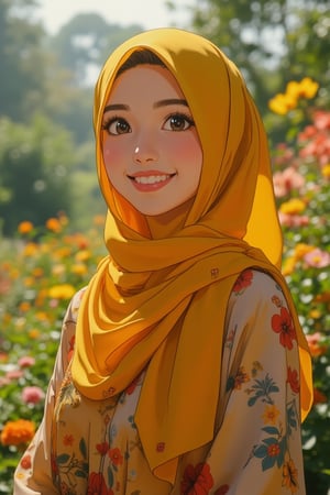 vibrant Moe anime portrait of a pretty Malay woman with large, glossy eyes, wearing a yellow hijab and a loose, colorful blouse. She stands happily in a lush garden, surrounded by blooming flowers and greenery. The scene is framed mid-shot, capturing her radiant smile and the soft, warm lighting that highlights her beauty. The background is a picturesque garden, with a gentle breeze adding movement to her hijab and blouse, creating a serene and joyful atmosphere.