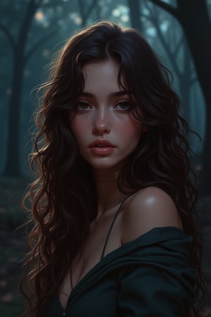 Close-up shot of a female in her 20s with long, curly brown hair and brown eyes, standing in the middle of a forest at night. The scene is illuminated with dark lighting and a midnight hue, featuring detailed shadows and vibrant colors. She is depicted in a dynamic pose, with an airbrush illustration style and shiny/glossy effects, capturing the realism of a digital portrait. The composition is ultrahigh definition, showcasing the concept painting in a D&D style, 85 new wave, and digital art style, inspired by the art of Kuvshinov Ilya and Greg Rutkowski.