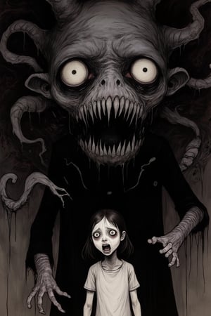 A Junji Ito-style illustration of a big, creepy creature resembling a witch, looming over a terrified girl. The witch's features are grotesque, with twisted limbs and a menacing grin, casting eerie shadows. The girl's expression is one of sheer horror, her posture tense and ready to flee. The composition is tight, focusing on the witch's face and the girl's terrified reaction, creating a sense of claustrophobic tension. The background is dark and surreal, hinting at a twisted reality.