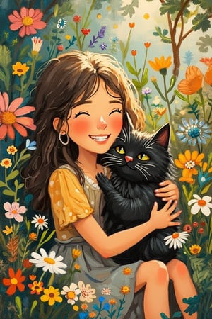 A Tove Jansson-inspired illustration of a woman hugging a black cat in a garden, radiating a happy mood. The soft, warm light highlights her joyful expression and the cat's contented face. The composition is intimate, with the woman and cat nestled together in a lush, floral garden. The overall tone is whimsical and serene, capturing a moment of pure happiness and connection.