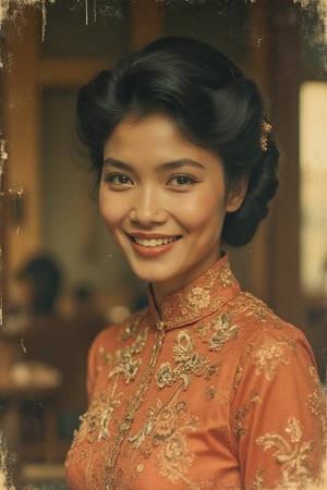 A faded old photo of a beautiful Malay woman with a classic 1960s hairstyle, black hair, and a warm smile, wearing an old-fashioned baju kurung kebaya. The shot is framed in a mid-close-up, capturing her elegant and traditional attire, with soft, warm lighting enhancing the vintage atmosphere. The composition highlights her hairstyle, smile, and intricate details of her baju kurung kebaya, creating a nostalgic and graceful scene. The photo's edges are slightly worn, adding to the antique charm.