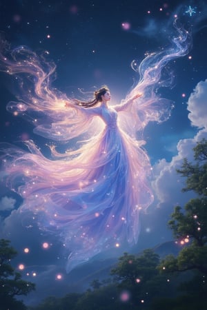 A flying princess in a flowing hanfu, her veil and gown billowing gracefully in the night sky, glowing with soft, sparkling light. The lighting is ethereal and magical, highlighting the intricate details and rich colors of her attire. The composition is dynamic, capturing the princess mid-flight, with the forest below and the starry night sky above. The scene captures the beauty and enchantment of the glowing princess, with a focus on her serene expression and the enchanting glow.