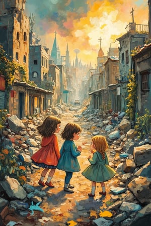 A Tove Jansson-inspired illustration of a dystopian cityscape during Armageddon, depicting a tragic scene with children. The soft, warm light contrasts with the crumbling buildings and chaotic environment. The composition is poignant, focusing on the children's expressions of fear and confusion. The background features a desolate city, evoking a sense of despair and loss.