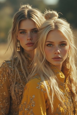 Hyper-realistic shot of a beautiful albino woman with dry grass hair tied in a top knot, and a girl with green eyes wearing a jacket made of dry grass, captured on Kodak Gold 200 film. The composition is a mid-shot, highlighting their unique hairstyles and clothing. High-detail lighting and shadows create a warm, nostalgic atmosphere, with the background slightly blurred to focus on the subjects. The scene is set in a natural, earthy environment, perfectly framed for a Maxim-style aesthetic.