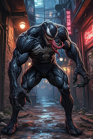 vibrant Konami art style illustration of Venom, the iconic Marvel character, in a dynamic pose. Venom's muscular, black-and-white body is covered in intricate, organic patterns, with sharp teeth and a long, forked tongue. The scene is set in a dark, urban alleyway, with neon lights casting a glow on the walls. Venom is mid-action, ready to pounce, with one arm extended and claws bared. Soft, dramatic lighting highlights his menacing form and the gritty environment. The composition is dynamic, with Venom centered, capturing the raw power and intensity of the character.