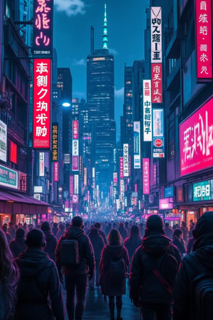 A bustling cybernetic cityscape in Japan, where neon lights and holographic advertisements illuminate the streets. The scene captures a diverse crowd of people, each with their own unique cyberpunk fashion, blending traditional Japanese elements with futuristic tech. The composition is wide, showcasing the towering skyscrapers and intricate details of the city. The lighting is a vibrant mix of blues, purples, and reds, highlighting the contrast between the old and new.