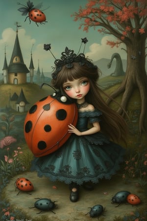 A whimsical scene inspired by Nicoletta Ceccoli and Daria Petrilli, featuring a lady with a giant ladybug. The composition is framed mid-shot, capturing the lady's elegant pose and the intricate details of her attire. The lighting is soft and dreamlike, casting a gentle glow on the scene. The background is a fantastical, surreal landscape with vibrant colors and whimsical elements, emphasizing the magical atmosphere. The giant ladybug is depicted with playful, endearing features, adding to the enchanting mood.