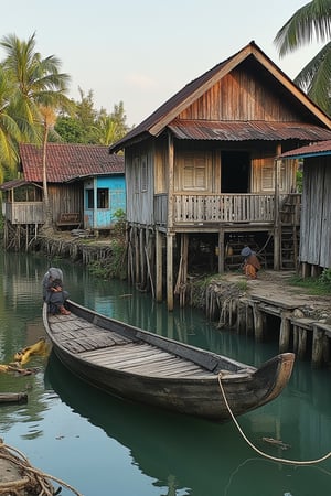 A serene Laivi scenery featuring a traditional prau floating on a river, surrounded by an old worn wooden village house and villager houses. The scene is set in a fisherman village, with the river gently flowing past the houses. The composition is balanced, with the prau in the foreground and the village houses in the background. The lighting is soft, with warm tones reflecting off the water, creating a tranquil and nostalgic atmosphere.