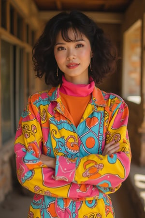 A full-body shot of a pretty Malay woman in her mid-20s, posing as a model. She has black-brown short wavy hair and is wearing an 80's style vibrant turtle neck shirt paired with colorful, retro-inspired clothing. The scene is set in a picturesque village background, with rustic elements adding to the nostalgic atmosphere. The composition captures her from head to toe, highlighting her dynamic pose and the bold patterns of her attire. The lighting is warm and natural, enhancing the vibrant colors and the serene village setting.