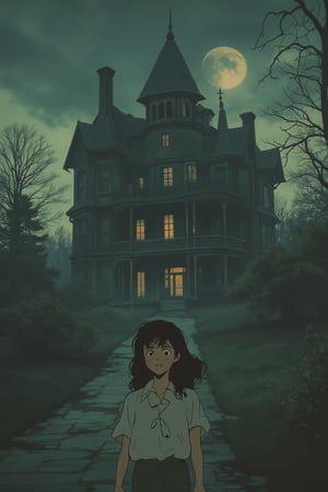 An anime scene with muted retro colors, depicting a big, eerie mansion as a haunted house. A girl stands in front of it, her face filled with fear. The mansion's gothic architecture and shadowy details create a spooky atmosphere, while the soft, warm lighting adds a nostalgic touch. The composition focuses on the girl's frightened expression, with her posture and the mansion's looming presence heightening the sense of dread. The muted retro palette enhances the scene's eerie yet nostalgic mood.