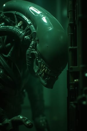 A close-up shot of a matte polycarbonate surface reflecting a green, dystopian environment. The xenomorph is partially visible, blending into the background with its green hue, lurking ominously. The lighting is dim and eerie, casting long shadows. The composition is tight, focusing on the reflective surface and the hidden threat.