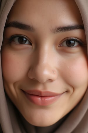 An ultra-close-up of a Malay woman's face captures her natural beauty, with her lips curving into a soft, beautiful smile that reveals small, delicate cracks adding character. The texture of her skin is finely detailed, showcasing subtle imperfections that highlight her unfiltered beauty. Her skin has a matte finish, emphasizing the real texture and gentle contours of her cheeks. The edge of a delicate fabric, possibly a hijab or shawl, softly frames her face, adding a touch of modest elegance. Her deep, calm eyes, framed by naturally arched brows, reflect quiet confidence and warmth.