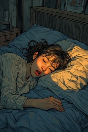 A cozy scene in Yuko Shimizu's art style, featuring a girl ready to sleep, yawning and looking sleepy, lying on a bed at night. The framing captures her from the waist up, with her drowsy expression and the soft bedding prominently displayed. The lighting is dim and warm, creating a cozy atmosphere and highlighting her relaxed demeanor. The composition is centered on her, with her sleepy pose and the inviting bed creating a sense of comfort and restfulness. The location is a dimly lit bedroom, with the girl's presence and her sleepy state adding to the tranquil scene.