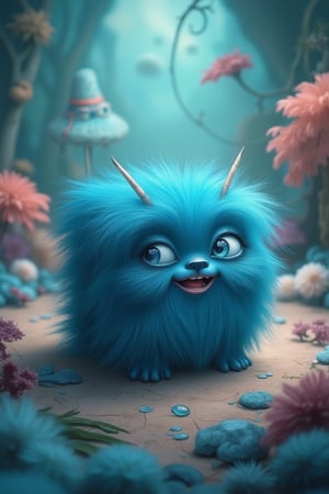 A whimsical scene inspired by Nicoletta Ceccoli and Daria Petrilli, featuring a furry blue cube with eyes, nose, and mouth, smiling playfully. The composition is framed mid-shot, capturing the cube's endearing expression and the intricate details of its features. The lighting is soft and dreamlike, casting a gentle glow on the scene. The background is a fantastical, surreal landscape with vibrant colors and whimsical elements, emphasizing the magical atmosphere.