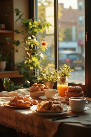 A DSLR-quality image of a morning breakfast set on a table in the city of Essen, Germany. The table is laden with a variety of breakfast items, including bread, pastries, and coffee. The composition captures the cozy, inviting atmosphere, with the table centered in the frame. The lighting is soft and natural, with morning sunlight streaming through a nearby window. The background subtly hints at the urban setting, with glimpses of city life outside. The scene exudes a sense of comfort and warmth, highlighting the simplicity and charm of a German breakfast.