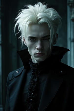 A photo of a handsome male Instagram model with white hair and pale skin, dressed in Victorian-era gothic attire. The image captures him in a dimly lit, eerie setting, with dramatic shadows accentuating his chiseled features. His expression is intense and mysterious, blending the elegance of Victorian fashion with the dark allure of gothic art. The composition highlights his striking appearance and the intricate details of his attire, creating a captivating, gothic portrait.