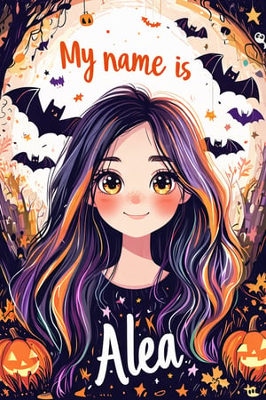 My name is Alea text and Halloween bat deco in doodle art style, featuring a long-haired girl. The scene is vibrant with playful, bright lighting. The composition centers on the girl's expressive face and festive attire, set against a whimsical, hand-drawn background. The overall atmosphere is lively and engaging, perfect for a text and emoji installation.