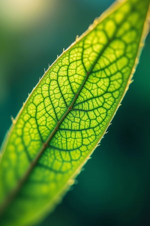 Macro photography style, shallow depth of field, close-up shot of the surface of a leaf, sharp focus on the intricate veins and textures, soft natural lighting, detailed patterns and colors, high detail, realistic texture, vibrant green tones, outdoor setting with a blurred background, intimate composition.