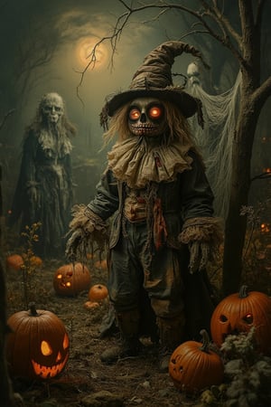 A grotesque fairytale scene featuring a scarecrow in a Halloween setting. The scarecrow is dressed in tattered clothing, with a sinister expression and eerie, glowing eyes. The scene is framed in a medium shot, with a mix of dim and moody lighting, casting spooky shadows. The composition is unsettling, with jack-o'-lanterns, cobwebs, and ghostly apparitions in the background. The location is a haunted field, blending the whimsical with the macabre.