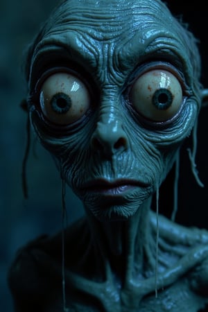 Close-up face shot of a big-eyed, creepy creature with wet, glistening skin. The creature's eyes are disproportionately large and glowing with an eerie light. The face is gaunt, with sharp features and a menacing expression. The scene is dimly lit with a cold, blue light, highlighting the wetness and making the creature's skin appear slick and unsettling. The composition is tight on the face, focusing on the eyes and the dripping moisture, creating a sense of unease and tension.