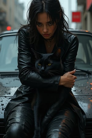 Yoji Shinkawa art style, a woman sitting on a car bonnet, hugging a black cat, intricate ink lines and metallic textures, dramatic shadows, woman with a gentle expression, black cat with detailed fur, car with sleek design, street background with urban elements, soft ambient lighting, close-up shot focusing on her and the cat, atmospheric and moody composition.