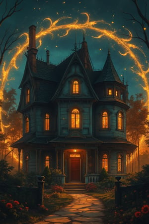 Anime-style exterior shot of a haunted house, with eerie, magical gold elements swirling around it, in a magical realism aesthetic. The scene is vibrant and detailed, with soft lighting that highlights the intricate details of the house and the magical elements. The composition captures the haunted house and the ethereal environment, capturing the blend of realism and fantasy in the Niji style.