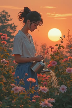 A serene morning scene blending Akira and Hirō styles, featuring a woman watering plants and flowers at sunrise. The composition captures her gentle action, with detailed facial features and sharp lines defining her peaceful expression. The lighting is soft and warm, highlighting the blooming flowers and the early morning glow. The background showcases the sunrise, with the woman tending to her garden, creating a tranquil and beautiful scene.